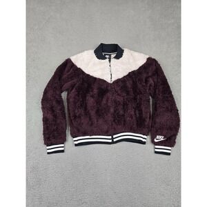 Nike Sherpa Fleece Jacket Womens Small Burgundy White Full Zip Bomber 939388-652